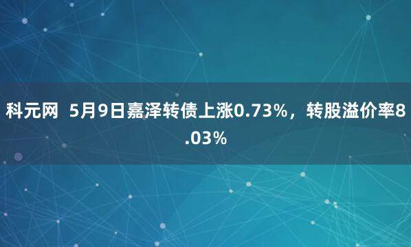 科元网  5月9日嘉泽转债上涨0.73%，转股溢价率8.03%